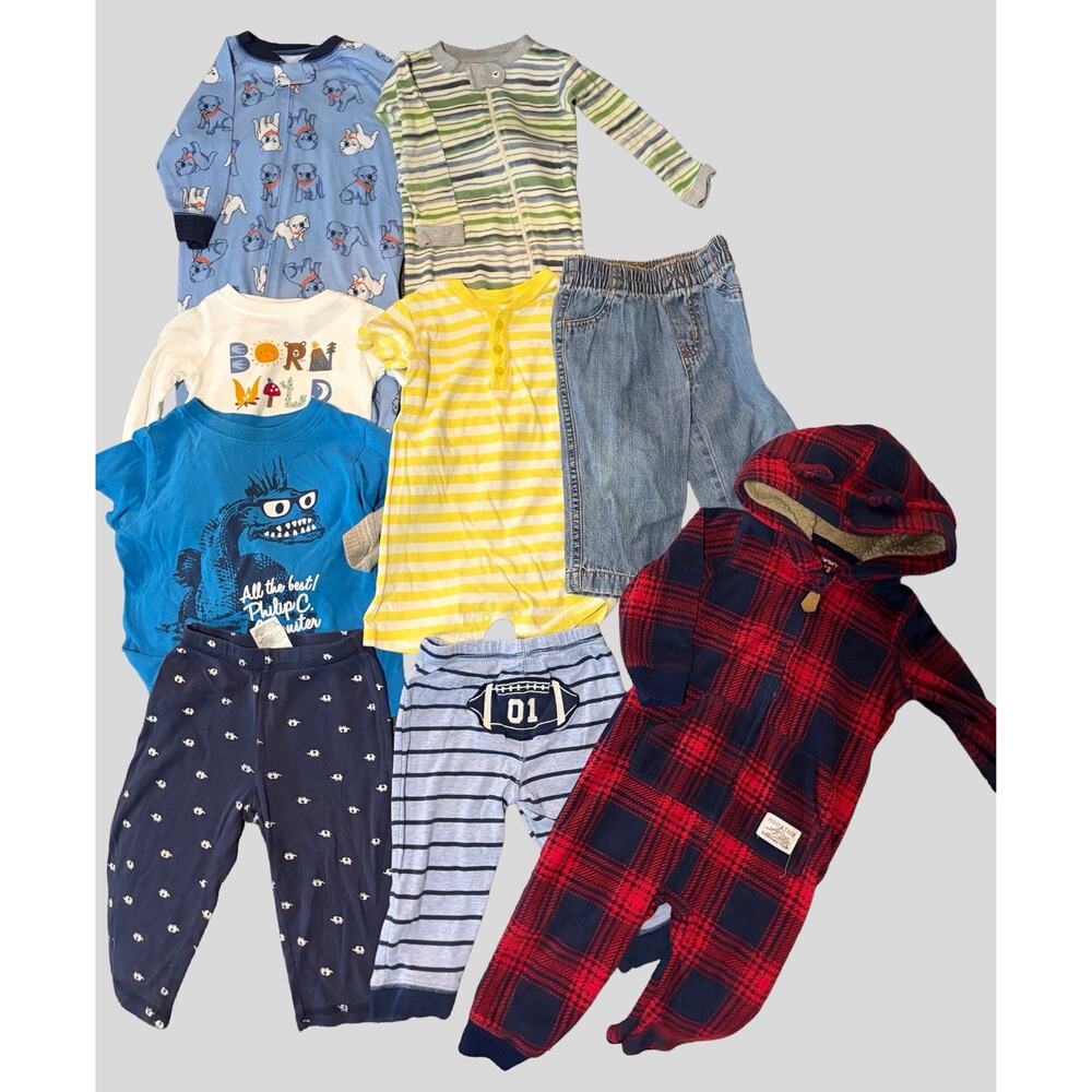 12M Baby Boy Clothes Bundle 9pc Mixed Brands Pants Sleepers Outfit Lot